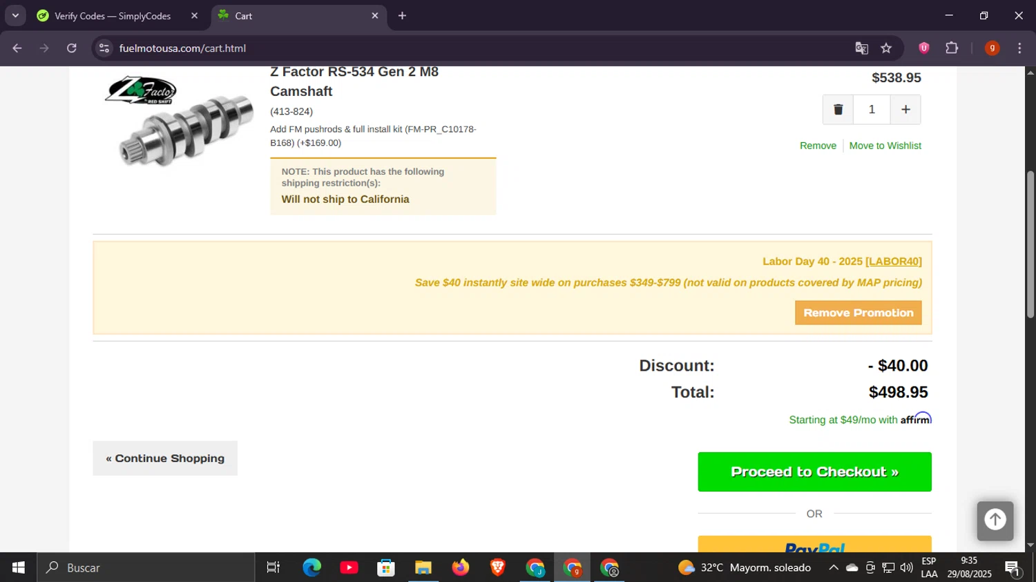 Fuel Moto checkout page showing Fuel Moto promo code box | Screenshot taken by SimplyCodes community member on Aug 29, 2025