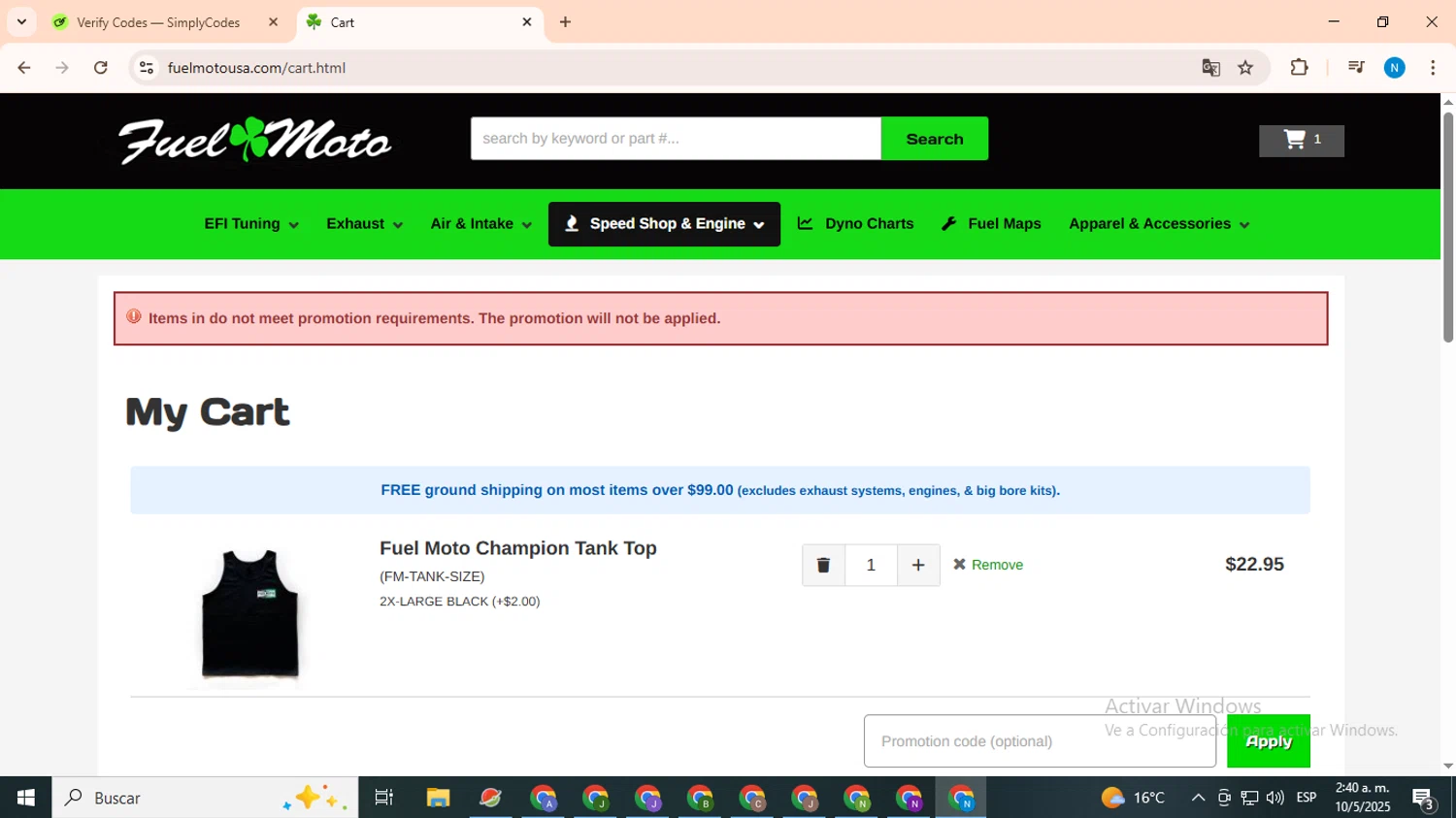 Fuel Moto promo code screenshot showing code FUELPASS applied at Fuel Moto checkout page. Uploaded by SimplyCodes community member CoinHawk678 on May 10, 2025