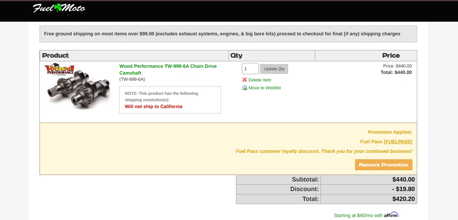 Fuel Moto promo code screenshot showing code FUELPASS applied at Fuel Moto checkout page. Uploaded by SimplyCodes community member juanisaac on May 24, 2025