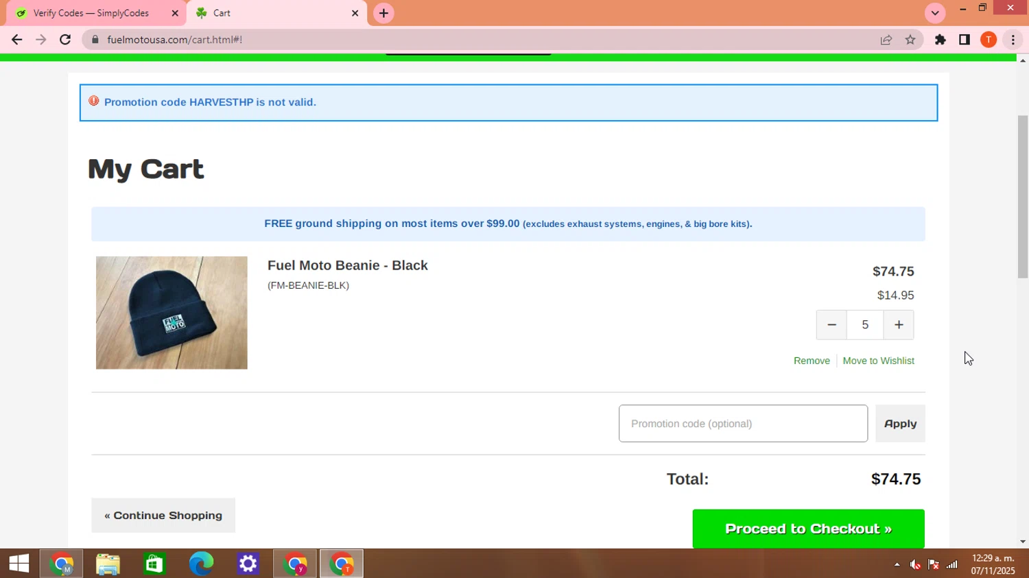 Fuel Moto promo code screenshot showing code HARVESTHP applied at Fuel Moto checkout page. Uploaded by SimplyCodes community member HHHHHHH on Nov 7, 2025