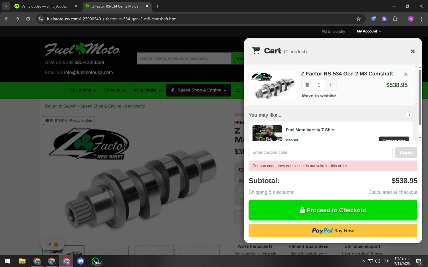 Fuel Moto promo code screenshot showing code HARVESTHP applied at Fuel Moto checkout page. Uploaded by SimplyCodes community member youngchecker on Nov 7, 2025