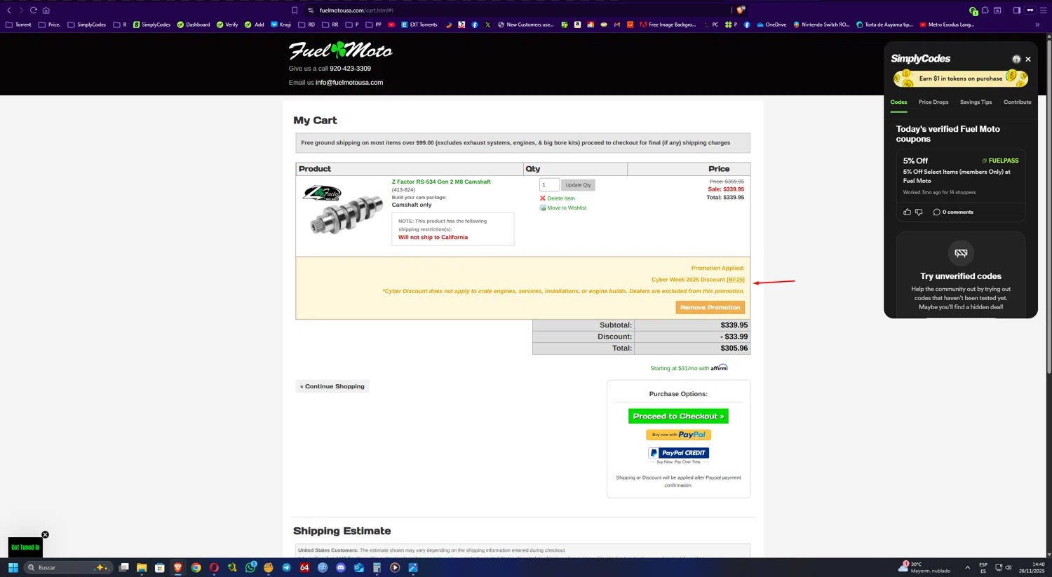 Fuel Moto promo code screenshot showing code BF25 applied at Fuel Moto checkout page. Uploaded by SimplyCodes community member UnkNownVnzla on Nov 26, 2025
