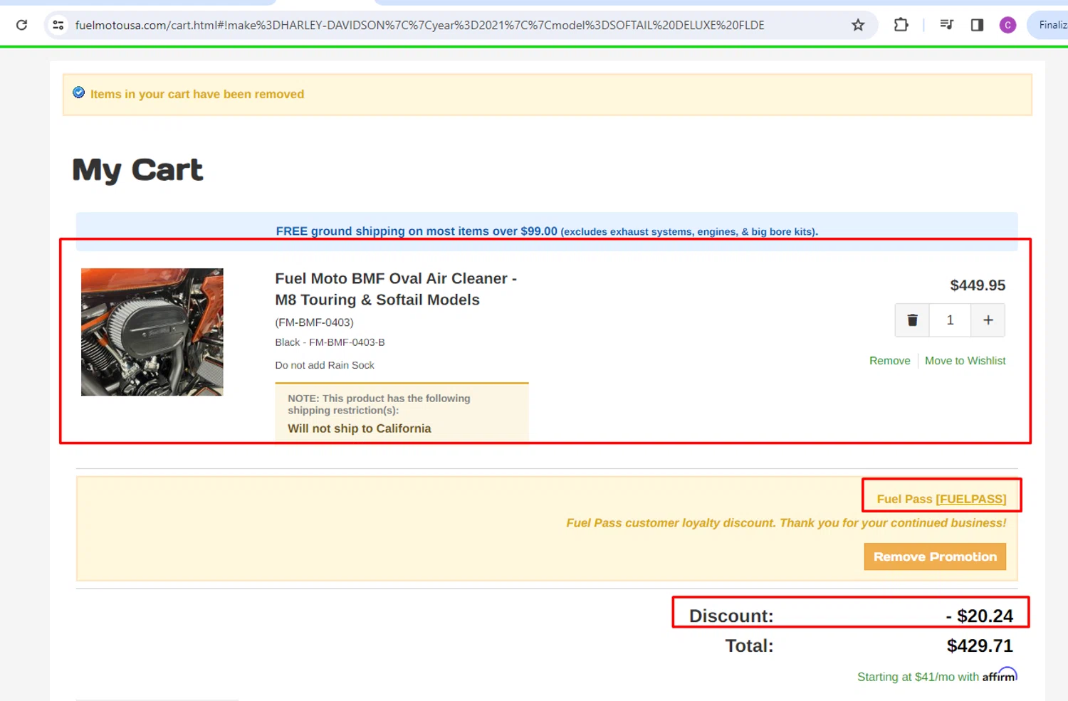 Fuel Moto promo code screenshot showing code FUELPASS applied at Fuel Moto checkout page. Uploaded by SimplyCodes community member nileskamarcano on Aug 22, 2025