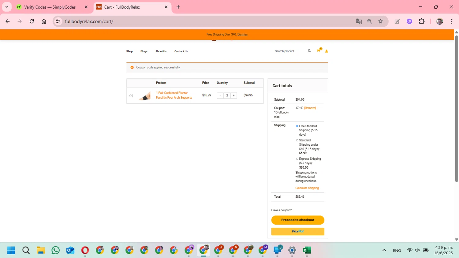 FullBodyRelax checkout page showing FullBodyRelax promo code box | Screenshot taken by SimplyCodes community member on Jun 16, 2025