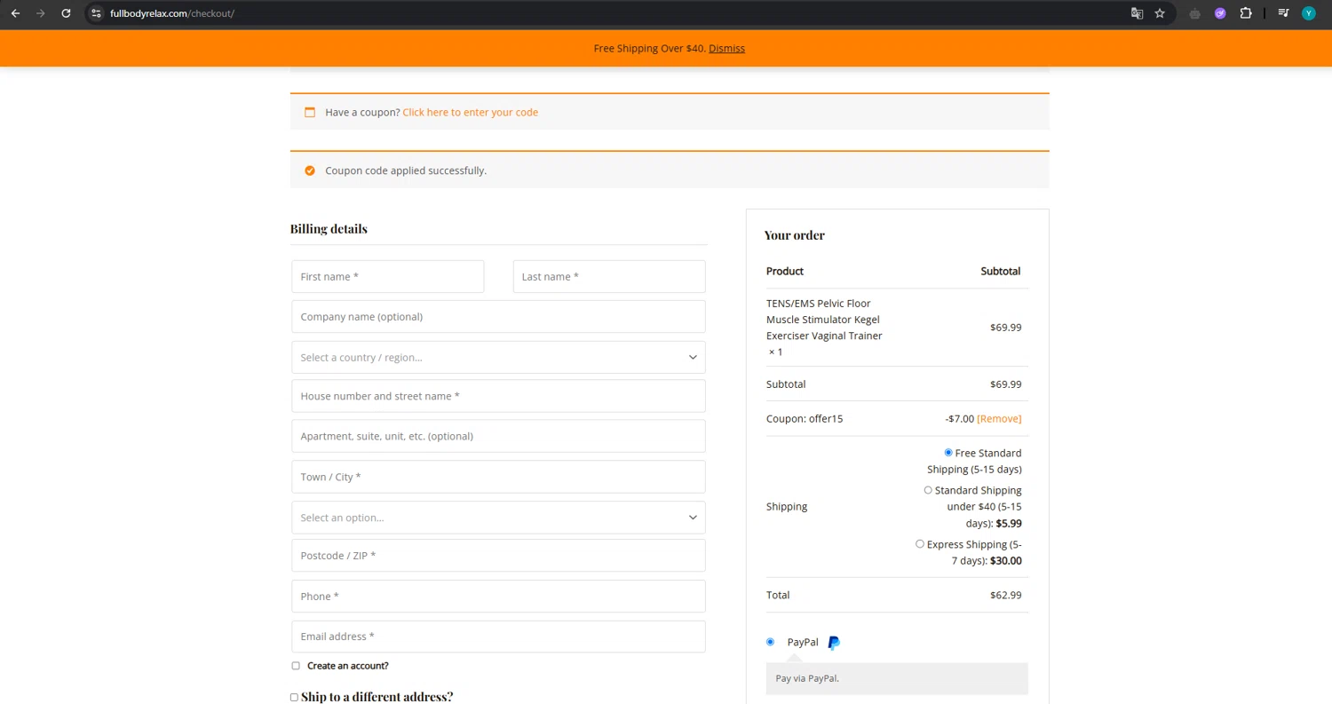 FullBodyRelax checkout page showing FullBodyRelax promo code box | Screenshot taken by SimplyCodes community member on May 26, 2025