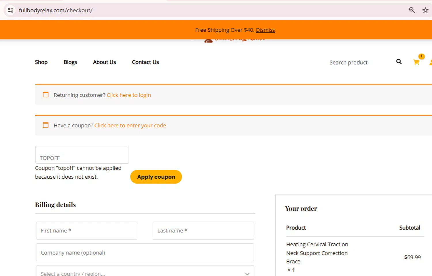 FullBodyRelax promo code screenshot showing code TOPOFF applied at FullBodyRelax checkout page. Uploaded by SimplyCodes community member GloriousCollector9521 on Jan 9, 2026