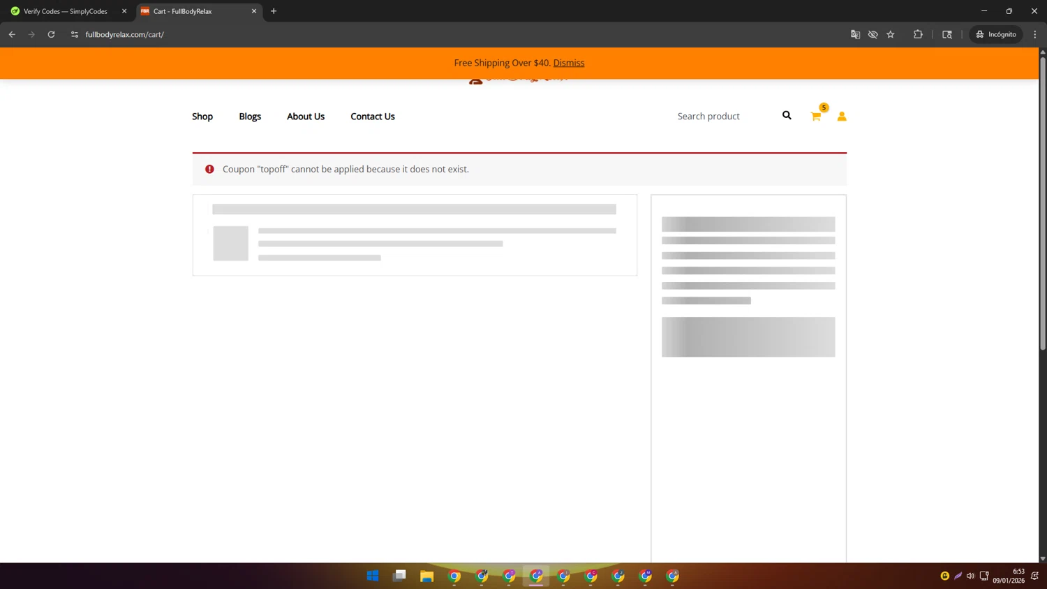 FullBodyRelax promo code screenshot showing code TOPOFF applied at FullBodyRelax checkout page. Uploaded by SimplyCodes community member SAKURA on Jan 9, 2026
