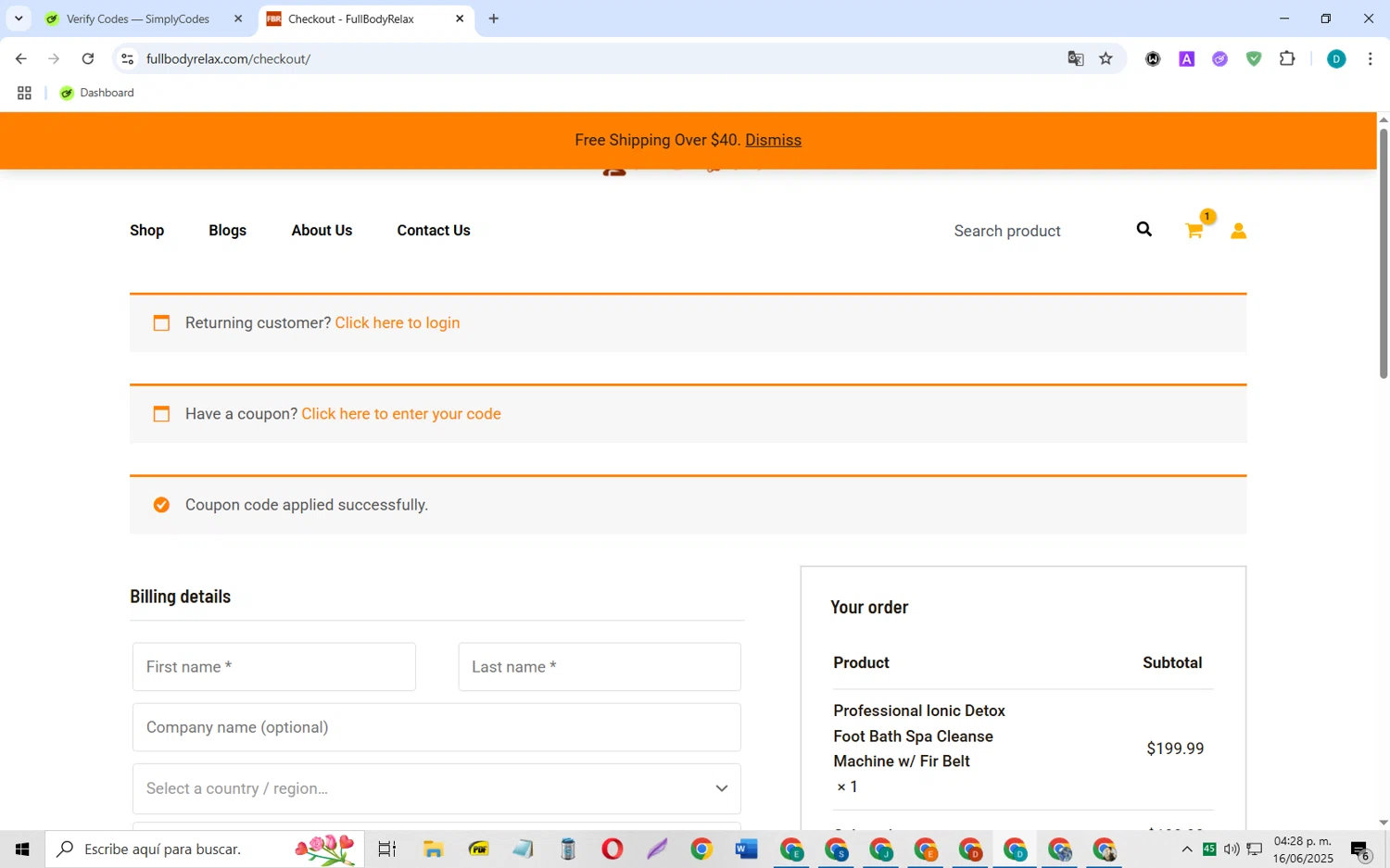 FullBodyRelax checkout page showing FullBodyRelax promo code box | Screenshot taken by SimplyCodes community member on Jun 16, 2025