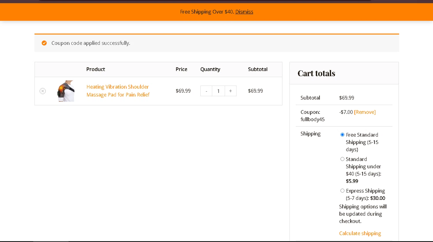 FullBodyRelax checkout page showing FullBodyRelax promo code box | Screenshot taken by SimplyCodes community member on May 26, 2025