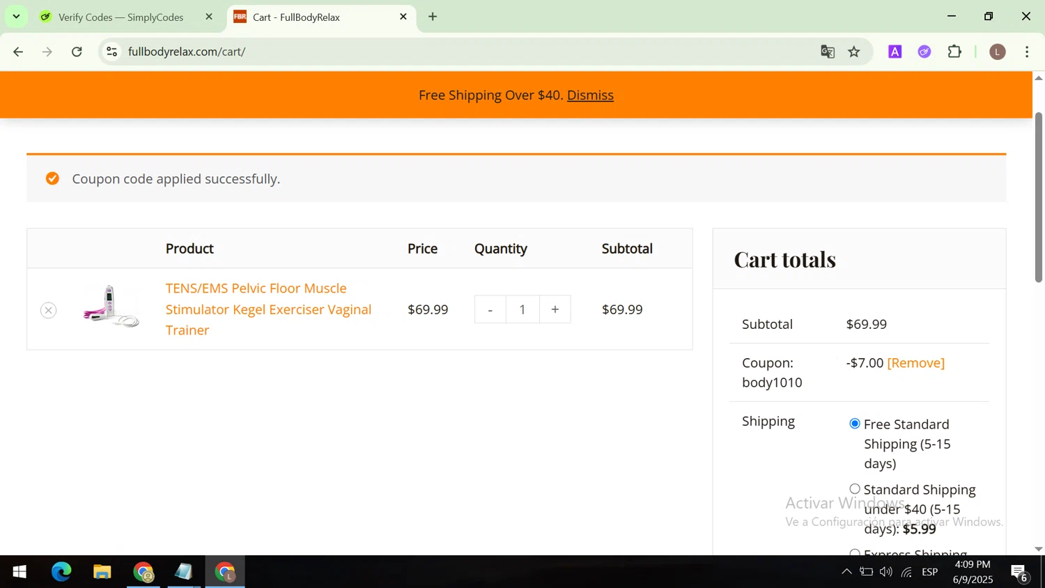 FullBodyRelax checkout page showing FullBodyRelax promo code box | Screenshot taken by SimplyCodes community member on Jun 9, 2025