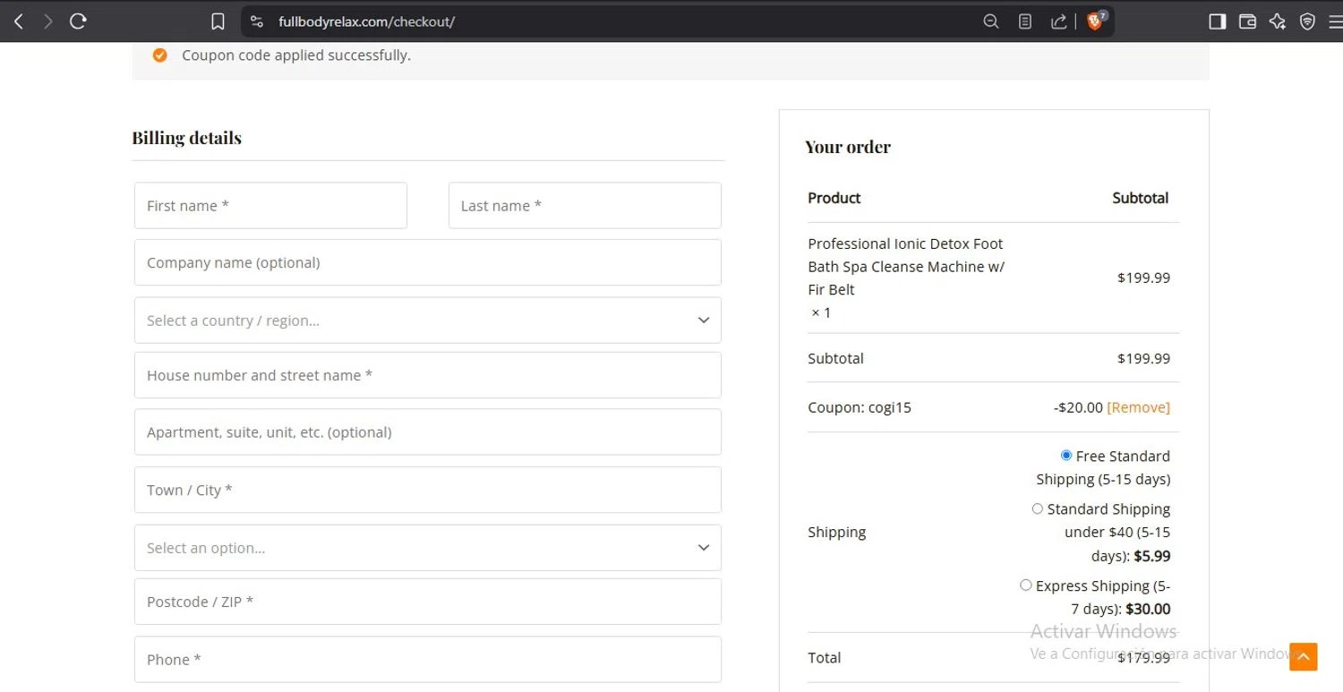 FullBodyRelax promo code screenshot showing code COGI15 applied at FullBodyRelax checkout page. Uploaded by SimplyCodes community member ElToro on Apr 28, 2025