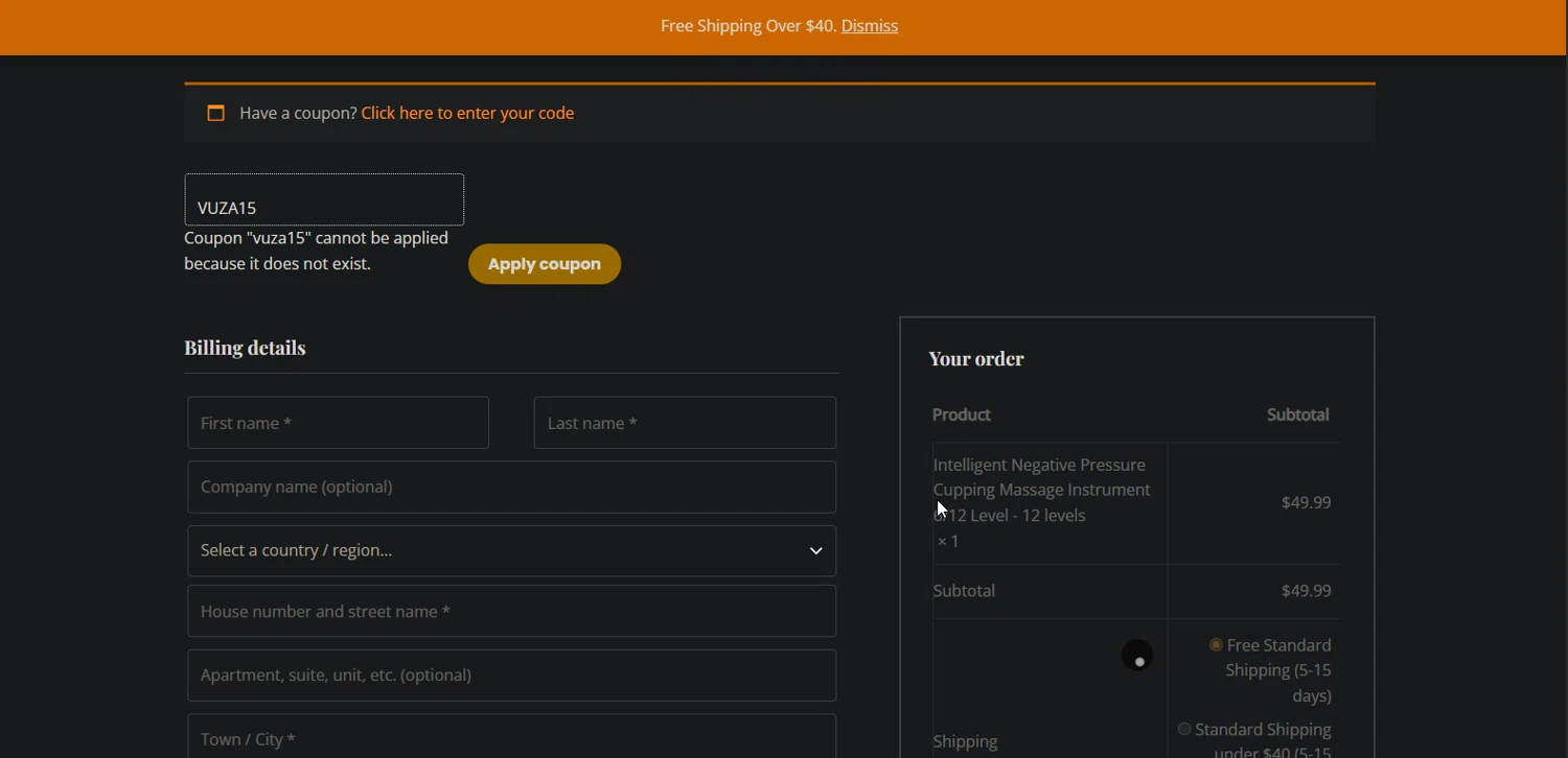 FullBodyRelax promo code screenshot showing code VUZA15 applied at FullBodyRelax checkout page. Uploaded by SimplyCodes community member TreasureMaestro5413 on Nov 14, 2025