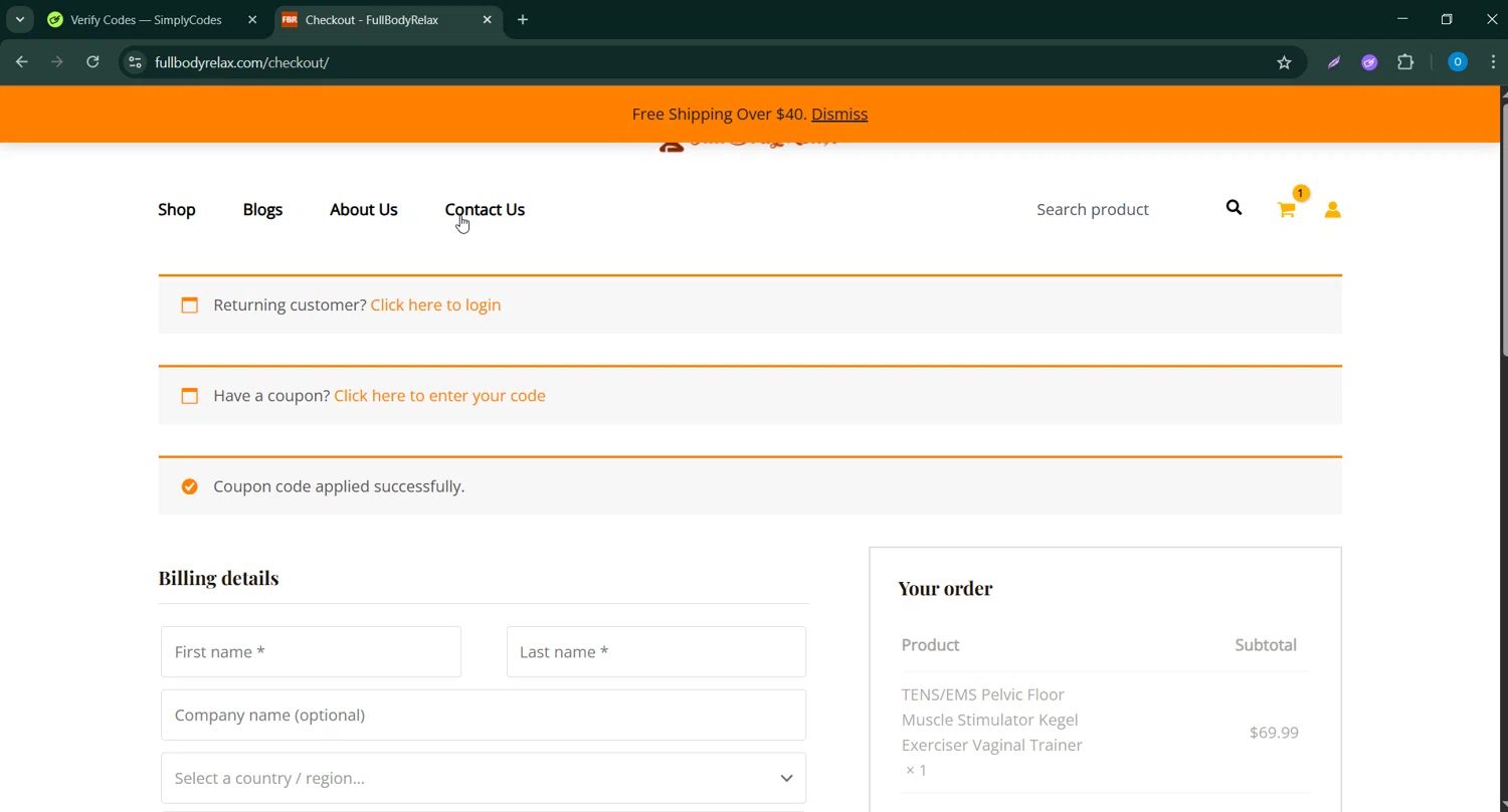 FullBodyRelax promo code screenshot showing code VUZA15 applied at FullBodyRelax checkout page. Uploaded by SimplyCodes community member CodeScholar4340 on Apr 28, 2025