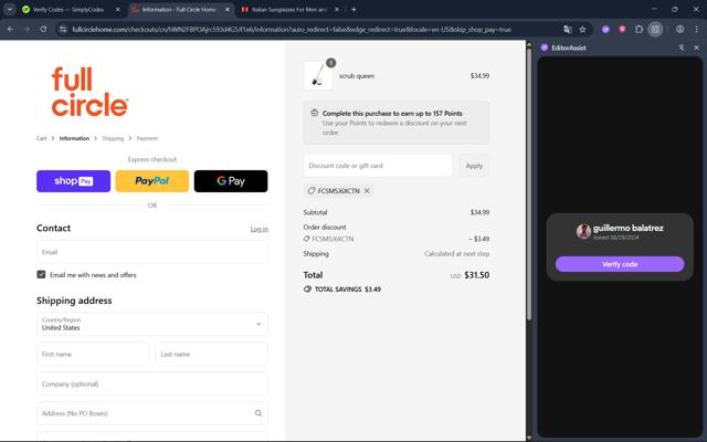 Full Circle checkout page showing Full Circle promo code box | Screenshot taken by SimplyCodes community member on Aug 26, 2025
