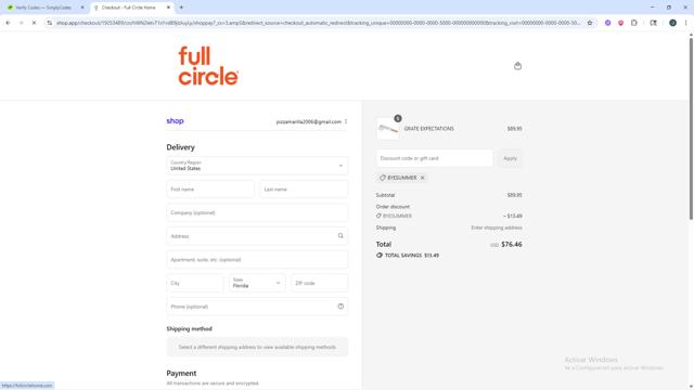 Full Circle checkout page showing Full Circle promo code box | Screenshot taken by SimplyCodes community member on Sep 9, 2025