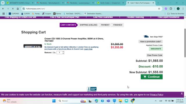 Full Compass Systems checkout page showing Full Compass Systems promo code box | Screenshot taken by SimplyCodes community member on Jul 17, 2025