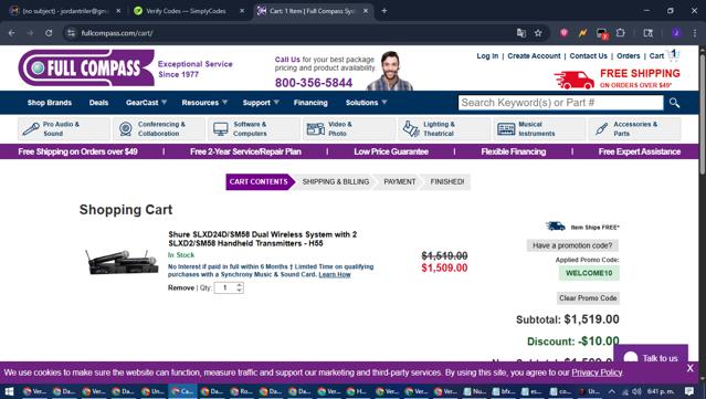 Full Compass Systems checkout page showing Full Compass Systems promo code box | Screenshot taken by SimplyCodes community member on Jul 28, 2025