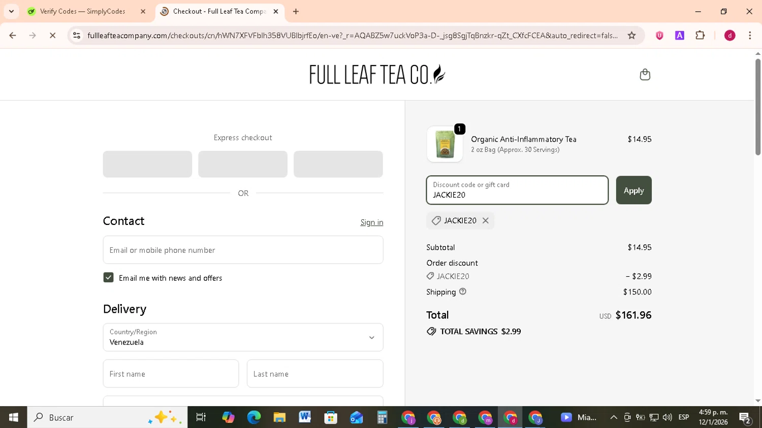 Full Leaf Tea discount code screenshot showing code JACKIE20 applied at Full Leaf Tea checkout page. Uploaded by SimplyCodes community member FrugalMonarch7277 on Jan 12, 2026