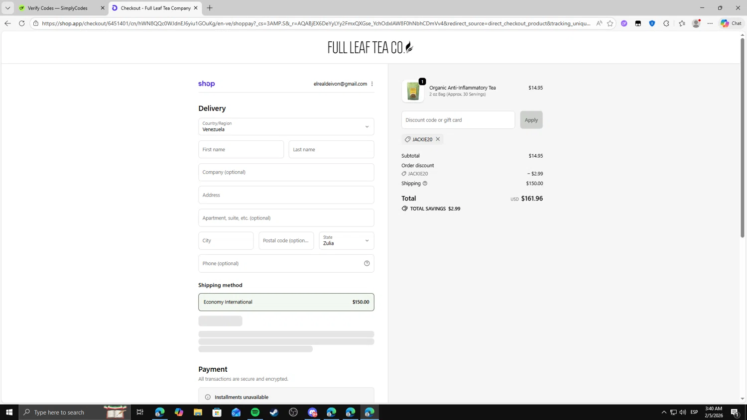 Full Leaf Tea checkout page showing Full Leaf Tea discount code box | Screenshot taken by SimplyCodes community member on Feb 5, 2026