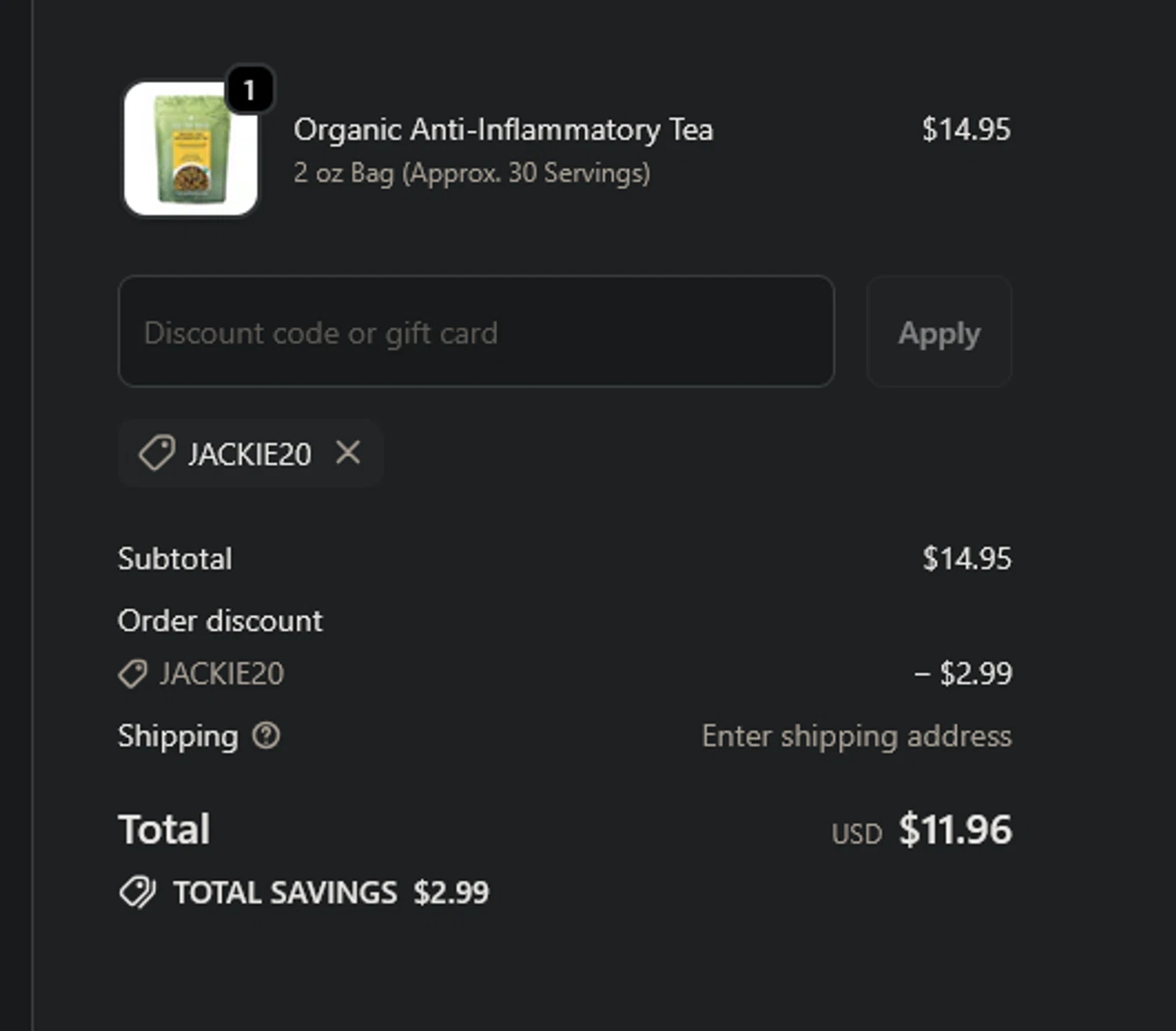 Full Leaf Tea discount code screenshot showing code JACKIE20 applied at Full Leaf Tea checkout page. Uploaded by SimplyCodes community member xocelot44x on Nov 25, 2025