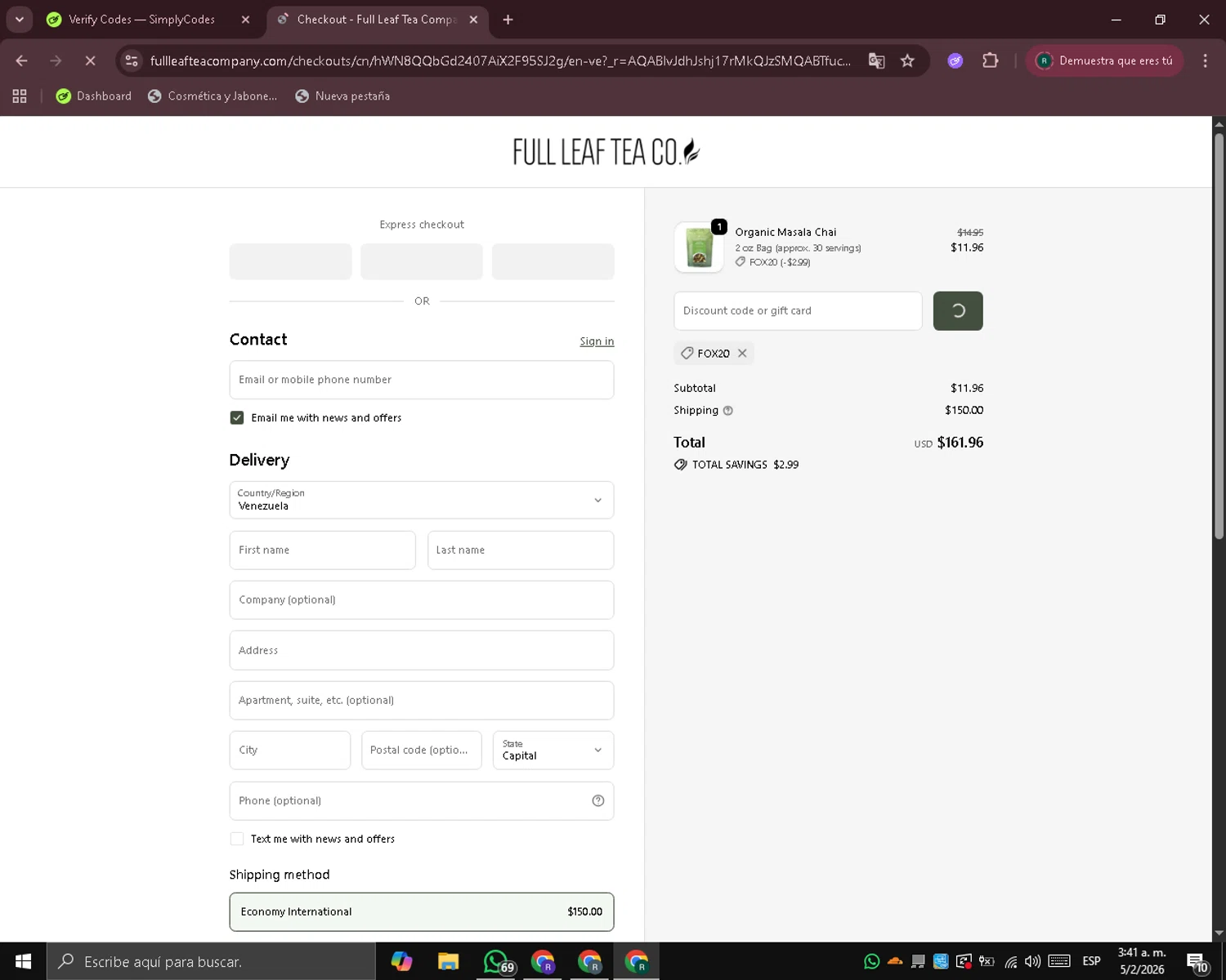 Full Leaf Tea checkout page showing Full Leaf Tea discount code box | Screenshot taken by SimplyCodes community member on Feb 5, 2026
