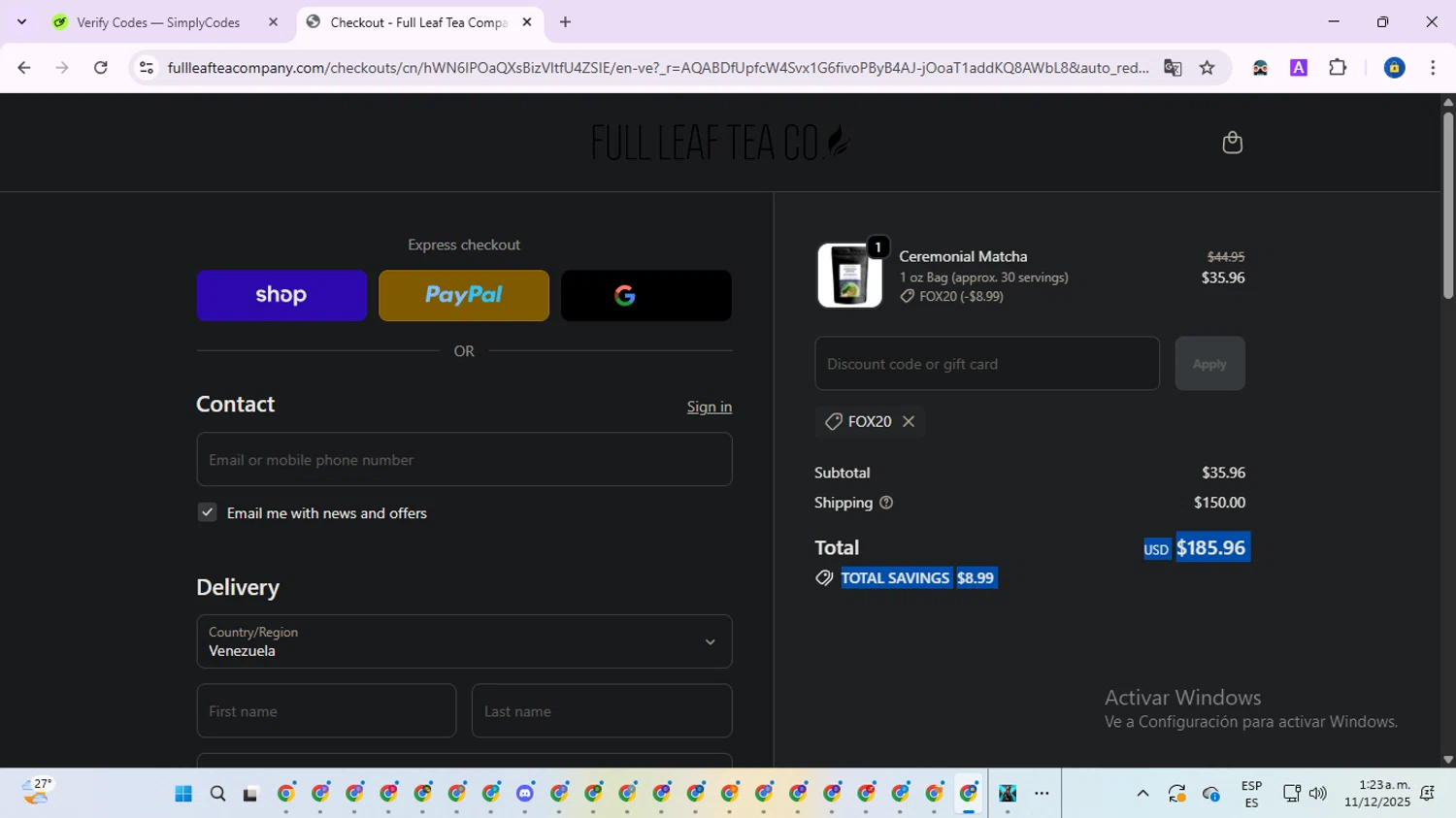 Full Leaf Tea discount code screenshot showing code FOX20 applied at Full Leaf Tea checkout page. Uploaded by SimplyCodes community member SwiftWarden6832 on Dec 11, 2025