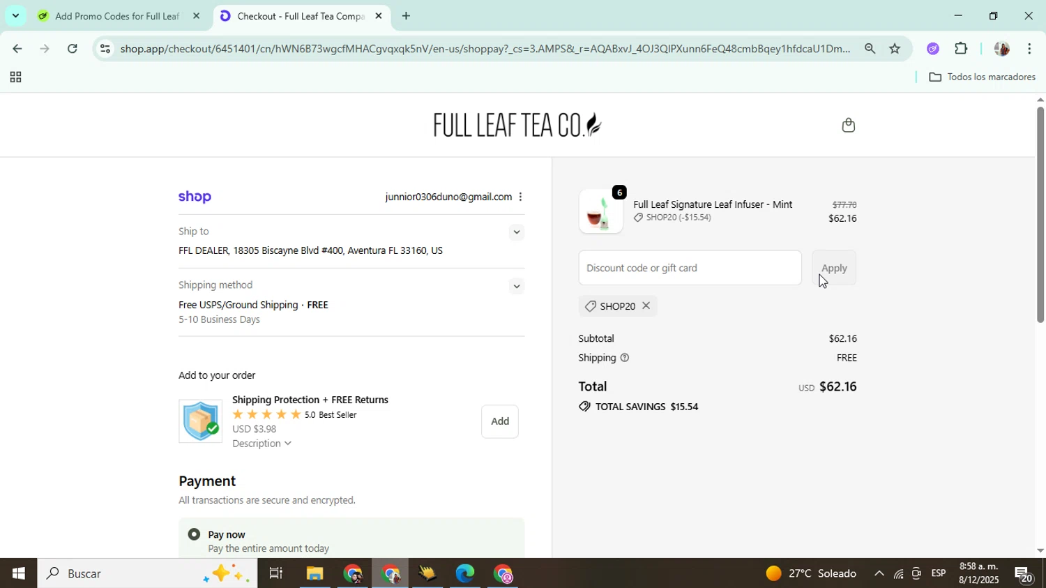 Full Leaf Tea discount code screenshot showing code shop20 applied at Full Leaf Tea checkout page. Uploaded by SimplyCodes community member Mujerdejunnior on Dec 8, 2025