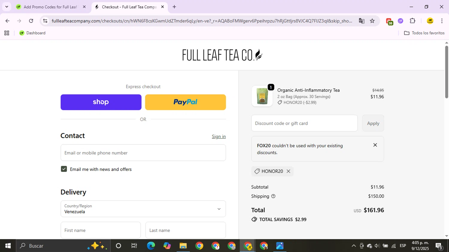 Full Leaf Tea discount code screenshot showing code FOX20 applied at Full Leaf Tea checkout page. Uploaded by SimplyCodes community member OldManEmu on Dec 9, 2025