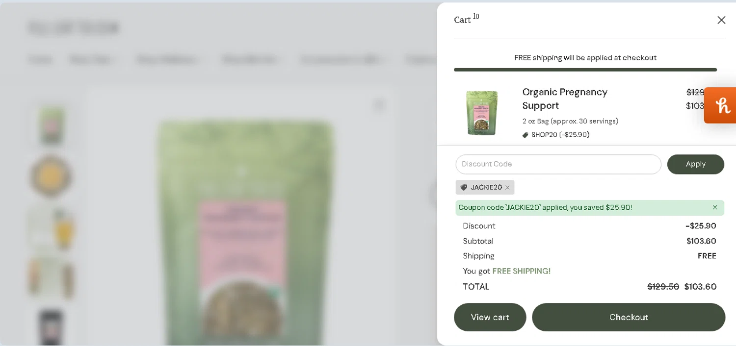Full Leaf Tea discount code screenshot showing code JACKIE20 applied at Full Leaf Tea checkout page. Uploaded by SimplyCodes community member shark12 on Nov 1, 2025