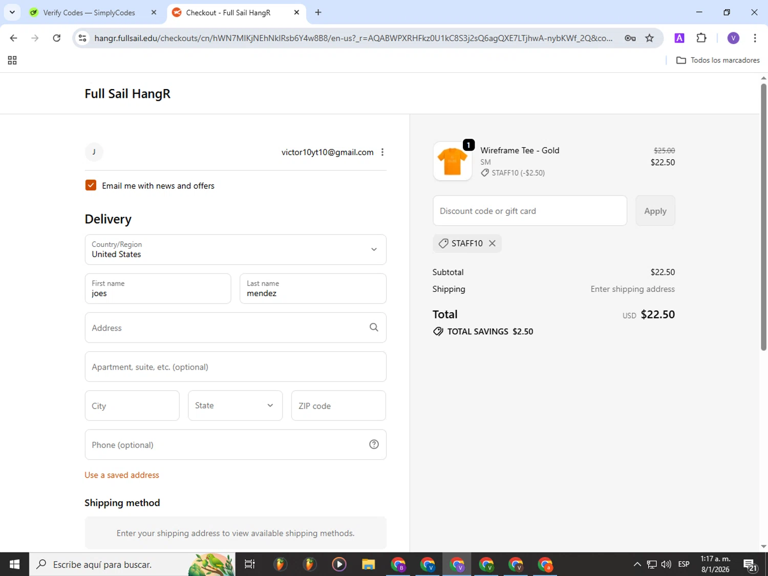 Full Sail University promo code screenshot showing code STAFF10 applied at Full Sail University checkout page. Uploaded by SimplyCodes community member Gianpiero on Jan 8, 2026