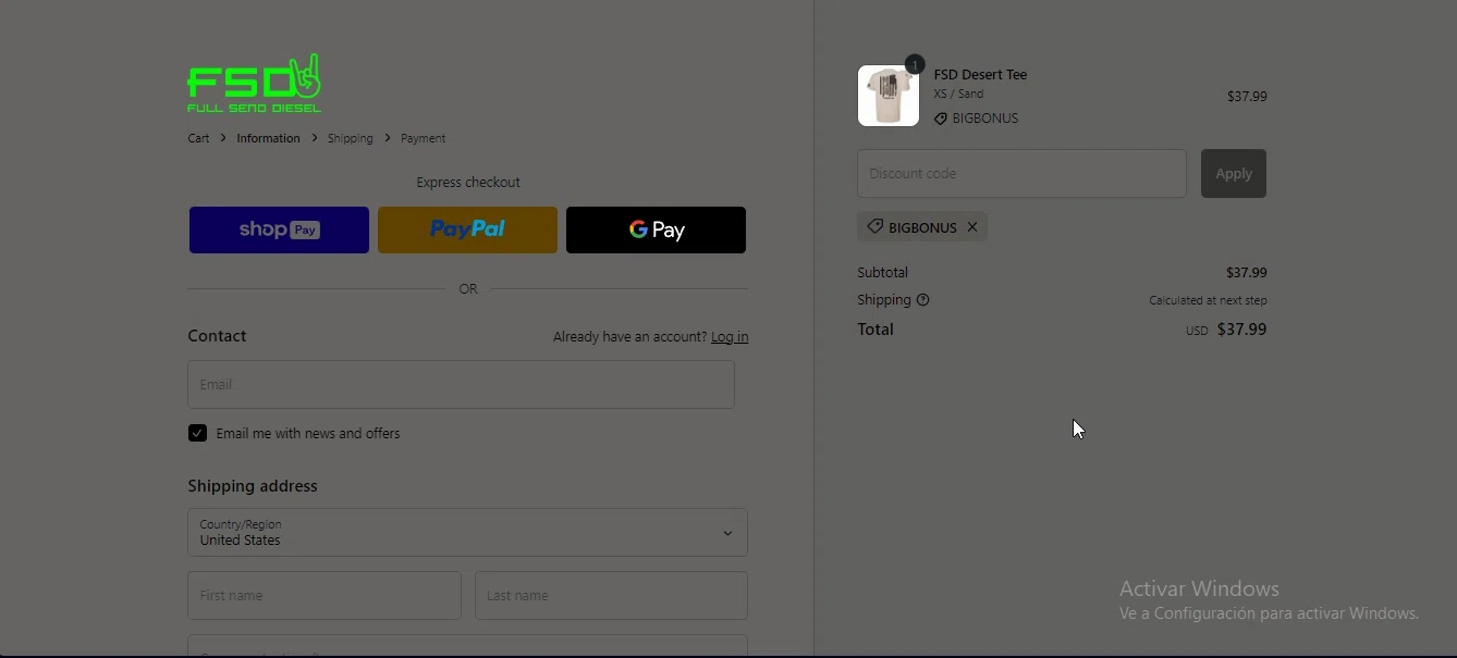 Full Send Diesel checkout page showing Full Send Diesel discount code box | Screenshot taken by SimplyCodes community member on Jul 15, 2023