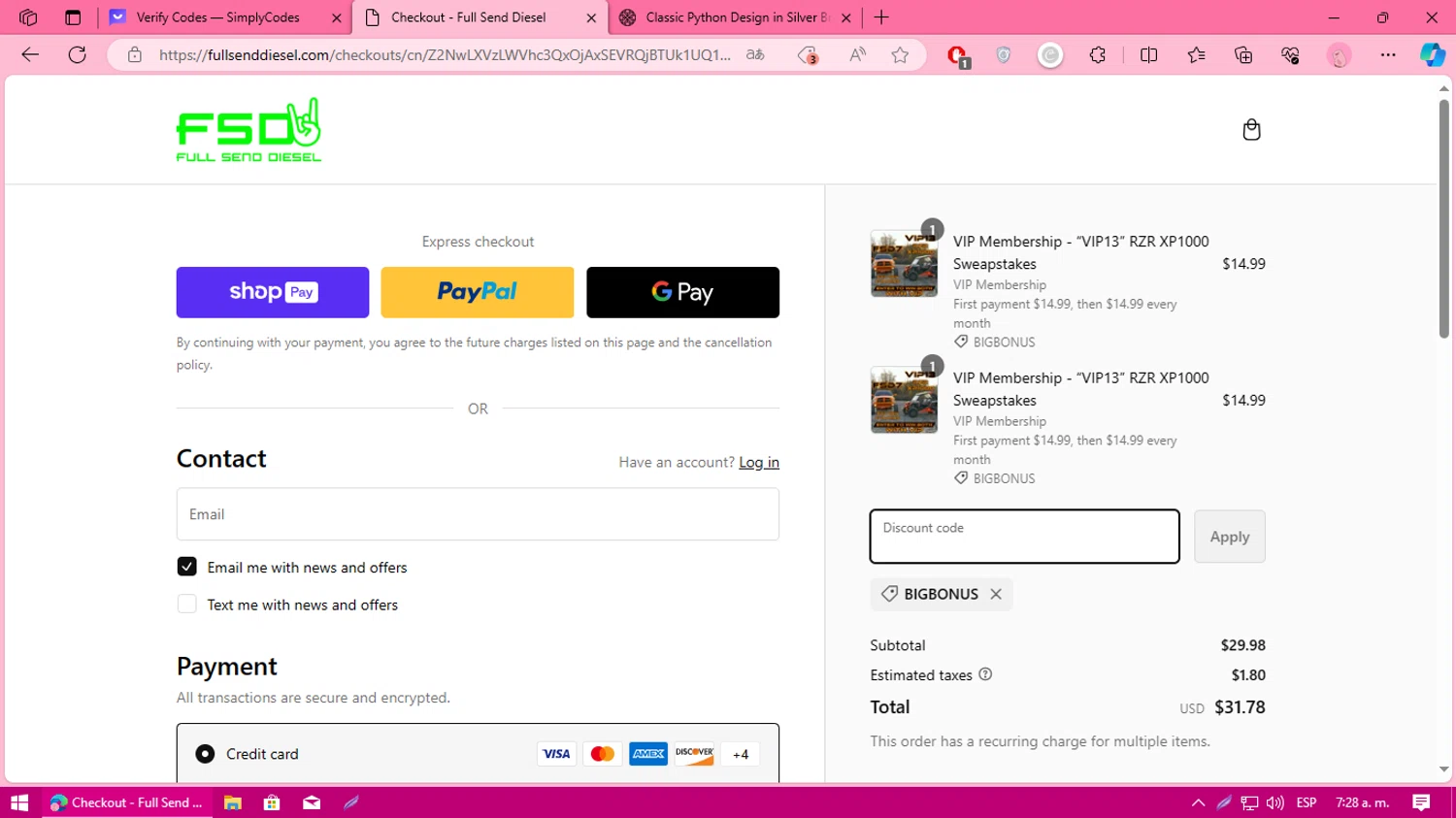 Full Send Diesel checkout page showing Full Send Diesel discount code box | Screenshot taken by SimplyCodes community member on Nov 8, 2023