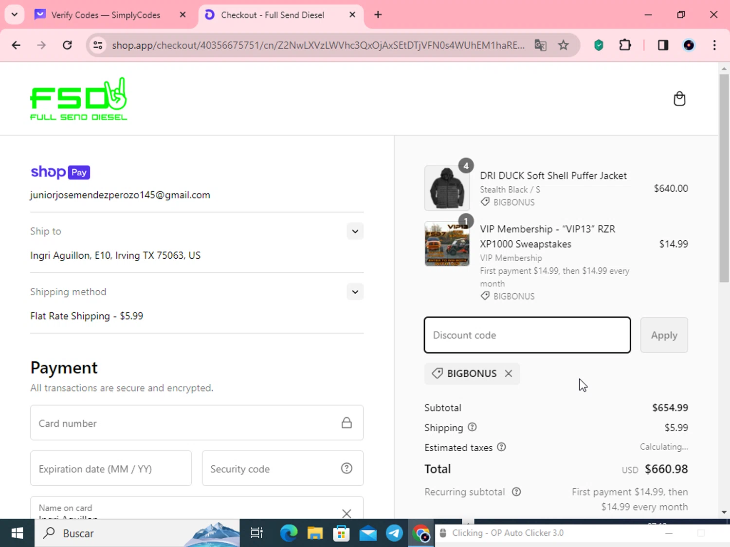 Full Send Diesel checkout page showing Full Send Diesel discount code box | Screenshot taken by SimplyCodes community member on Jan 5, 2024