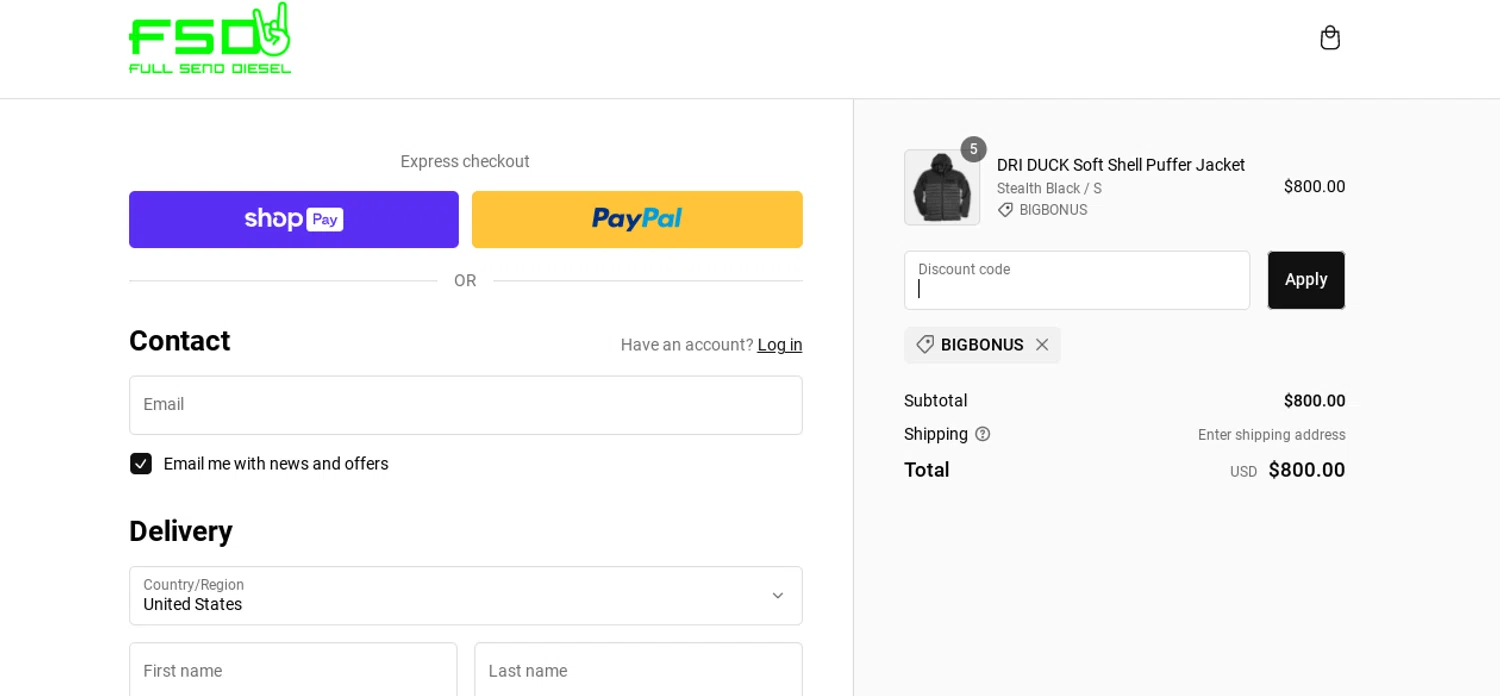 Full Send Diesel checkout page showing Full Send Diesel discount code box | Screenshot taken by SimplyCodes community member on Feb 3, 2024