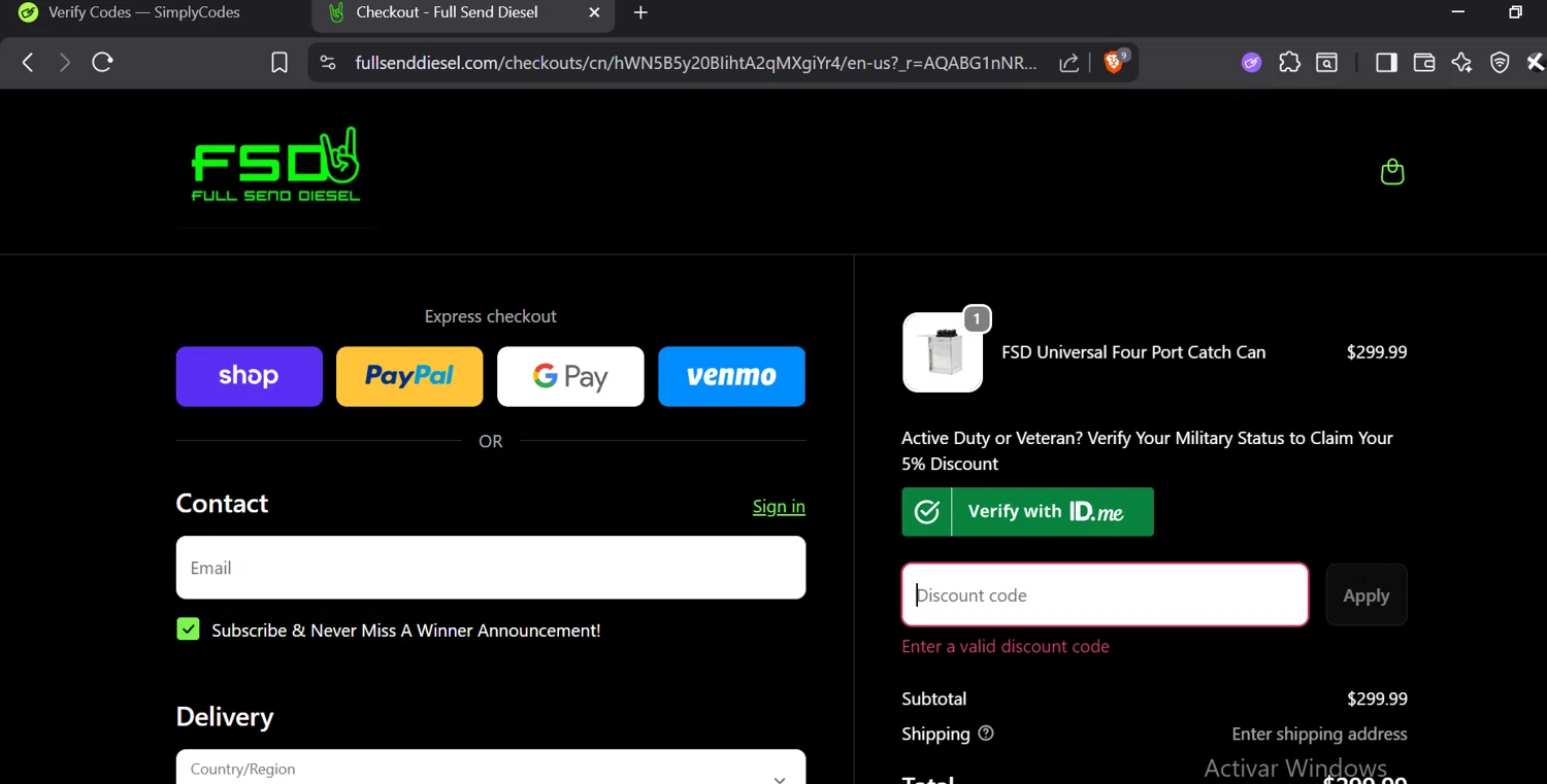 Full Send Diesel discount code screenshot showing code FSD22 applied at Full Send Diesel checkout page. Uploaded by SimplyCodes community member GloriousTitan3094 on Nov 11, 2025