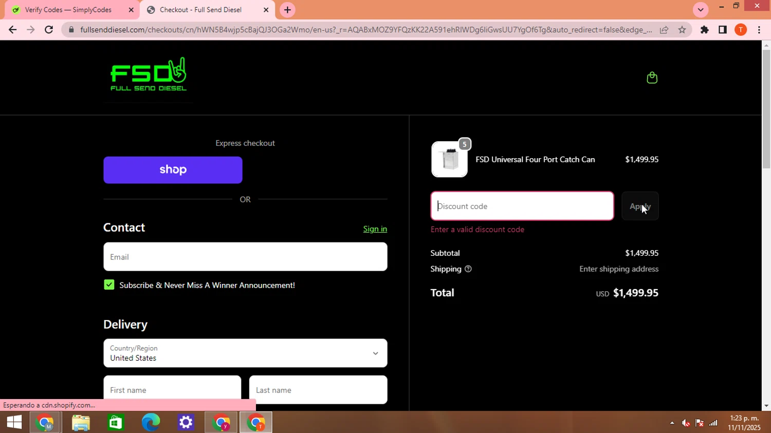 Full Send Diesel discount code screenshot showing code FSD22 applied at Full Send Diesel checkout page. Uploaded by SimplyCodes community member HHHHHHH on Nov 11, 2025