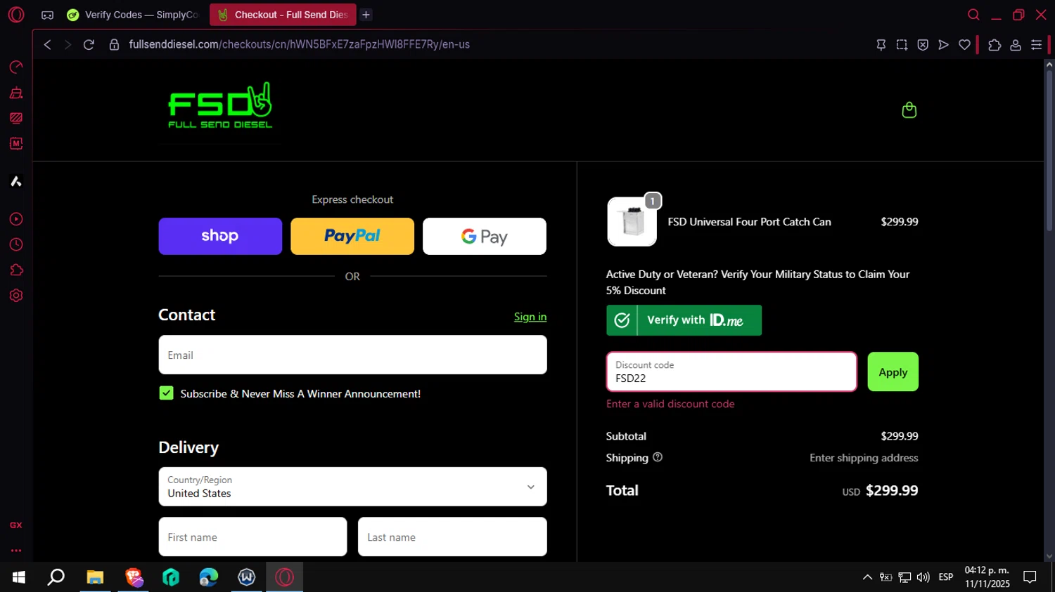 Full Send Diesel discount code screenshot showing code FSD22 applied at Full Send Diesel checkout page. Uploaded by SimplyCodes community member VoucherCollector3778 on Nov 11, 2025