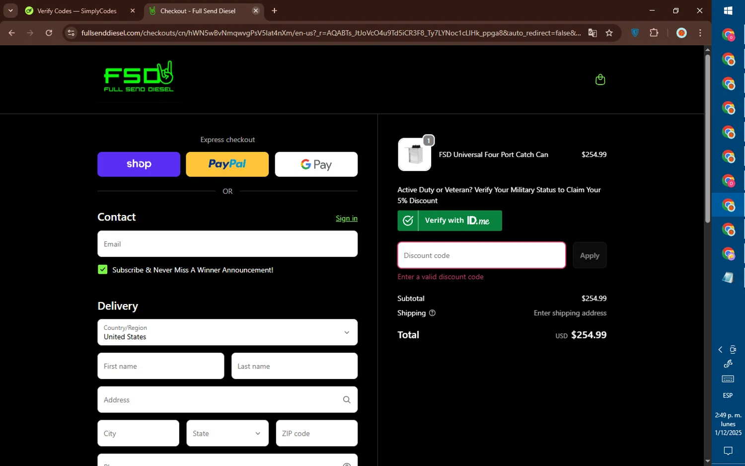 Full Send Diesel discount code screenshot showing code WIGGLESTICK applied at Full Send Diesel checkout page. Uploaded by SimplyCodes community member DealElite4728 on Dec 1, 2025