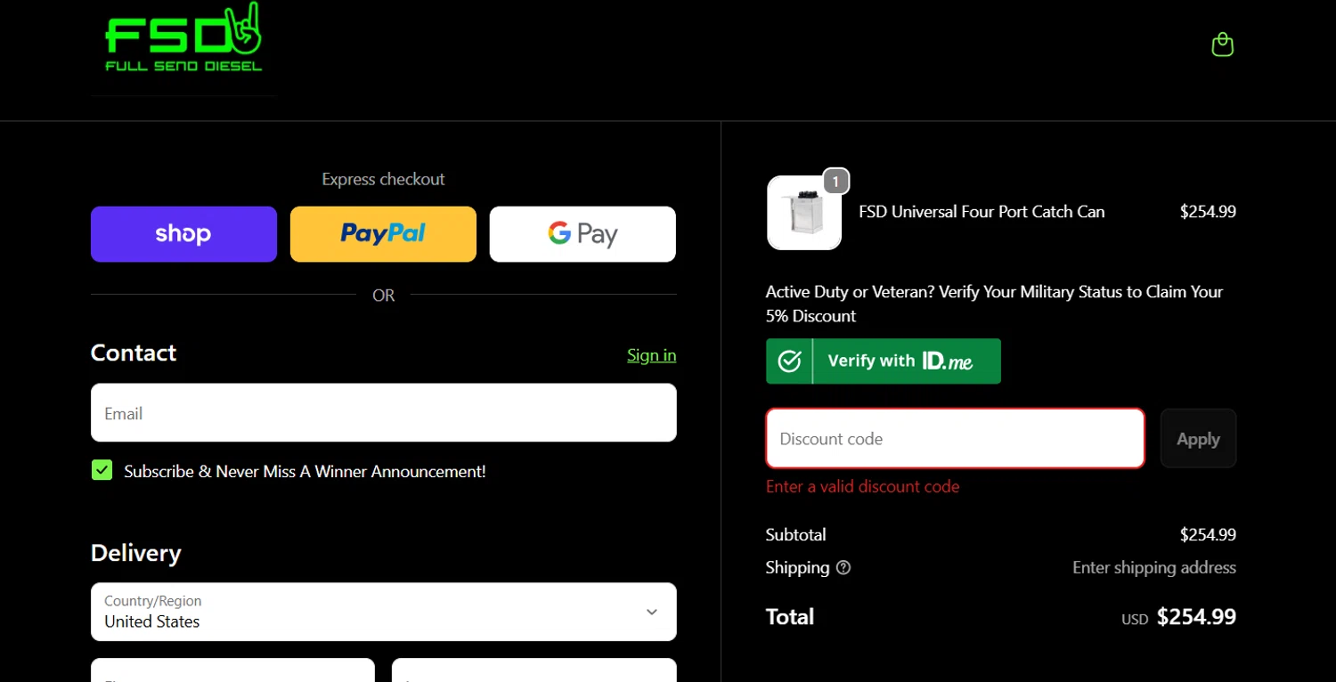 Full Send Diesel discount code screenshot showing code FSD23 applied at Full Send Diesel checkout page. Uploaded by SimplyCodes community member CodeTiger886 on Dec 15, 2025