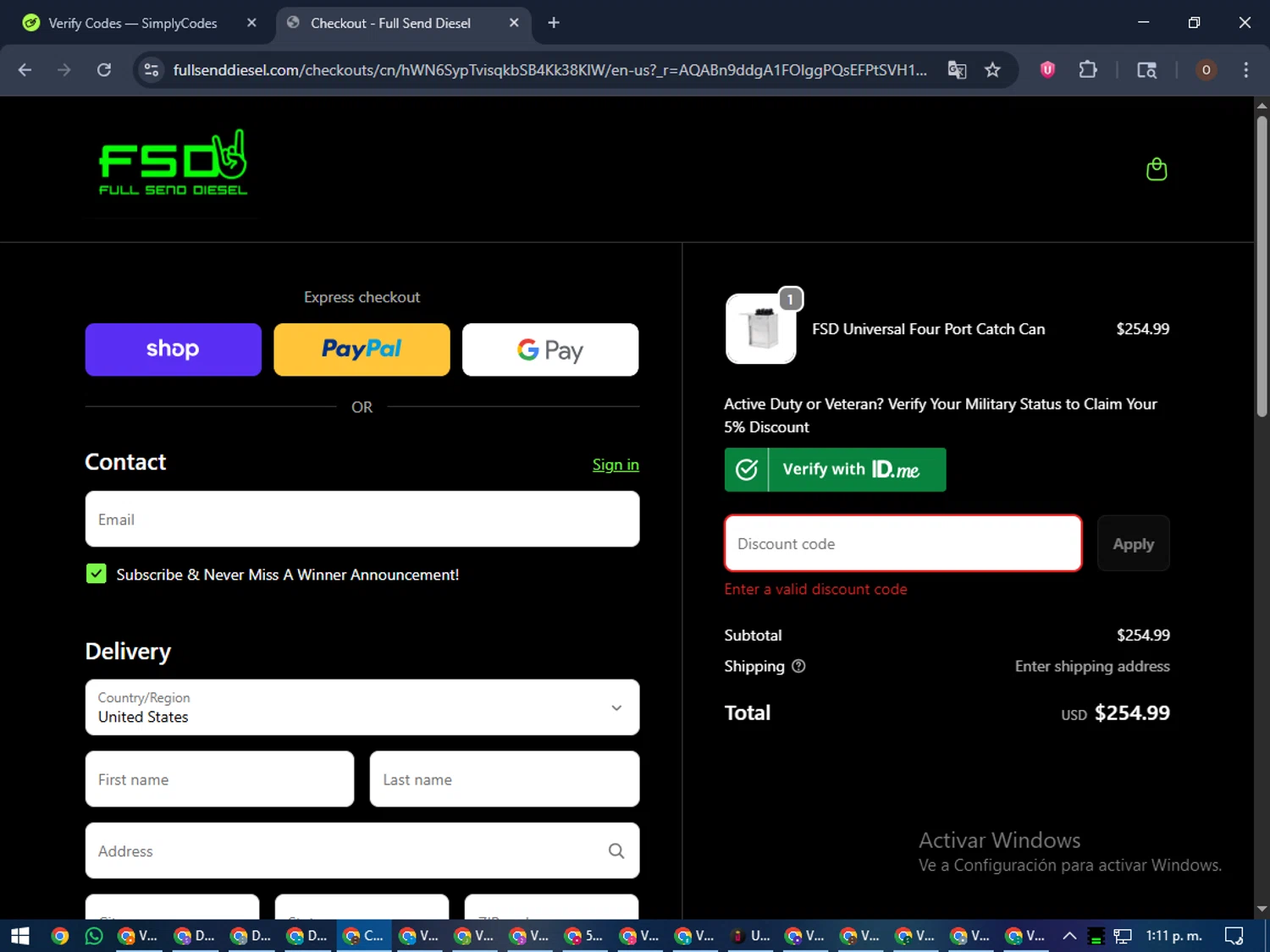 Full Send Diesel discount code screenshot showing code FSD23 applied at Full Send Diesel checkout page. Uploaded by SimplyCodes community member Legendar on Dec 15, 2025