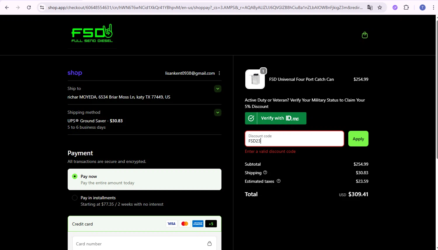 Full Send Diesel discount code screenshot showing code FSD23 applied at Full Send Diesel checkout page. Uploaded by SimplyCodes community member TRIBUENO on Dec 15, 2025