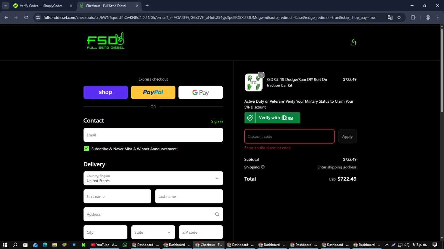 Full Send Diesel discount code screenshot showing code XMAS applied at Full Send Diesel checkout page. Uploaded by SimplyCodes community member PromoScout874 on Dec 25, 2025