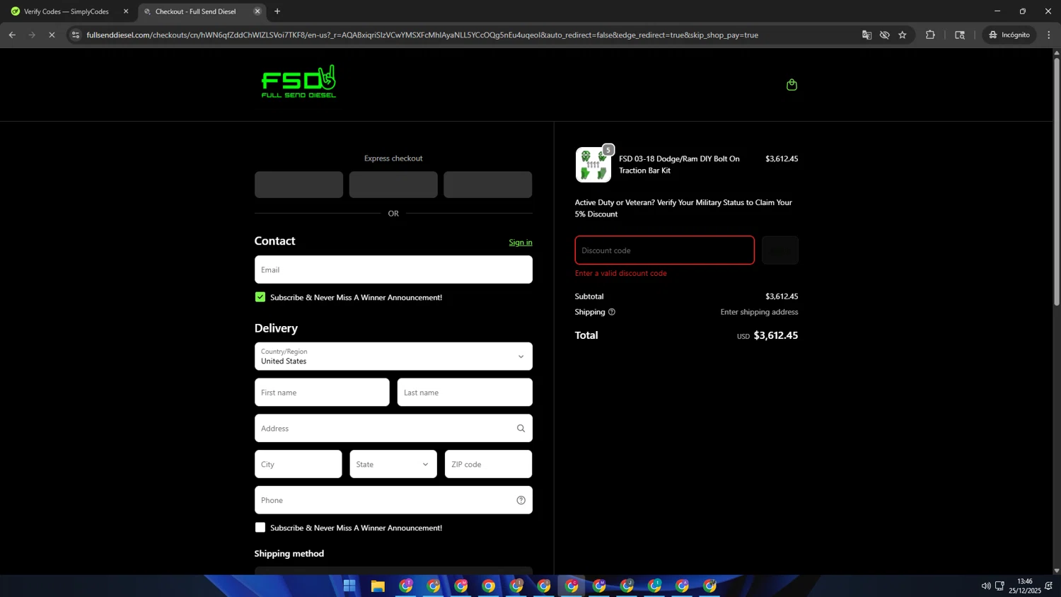 Full Send Diesel discount code screenshot showing code XMAS applied at Full Send Diesel checkout page. Uploaded by SimplyCodes community member TOROREX250 on Dec 25, 2025