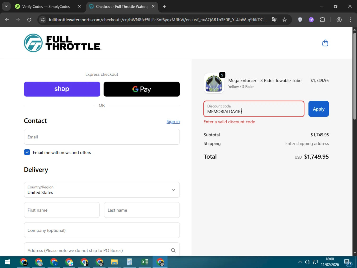 Full Throttle discount code screenshot showing code MEMORIALDAY30 applied at Full Throttle checkout page. Uploaded by SimplyCodes community member Elwao0213 on Feb 11, 2026