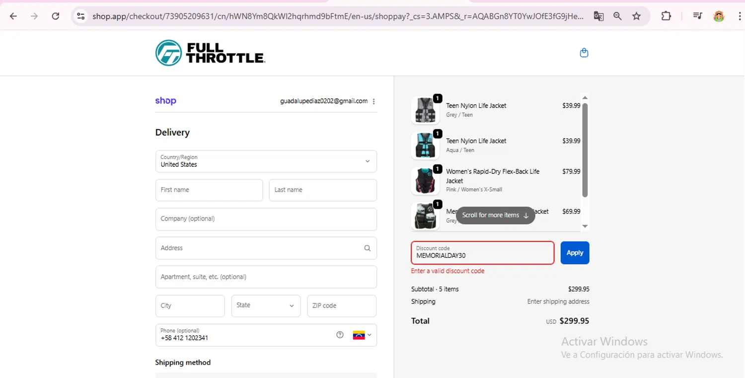 Full Throttle discount code screenshot showing code MEMORIALDAY30 applied at Full Throttle checkout page. Uploaded by SimplyCodes community member laurachirinos on Feb 8, 2026
