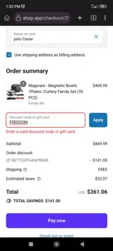 FREEDOM coupon verification screenshot