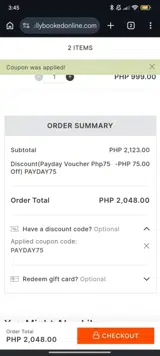 PAYDAY75 coupon verification screenshot