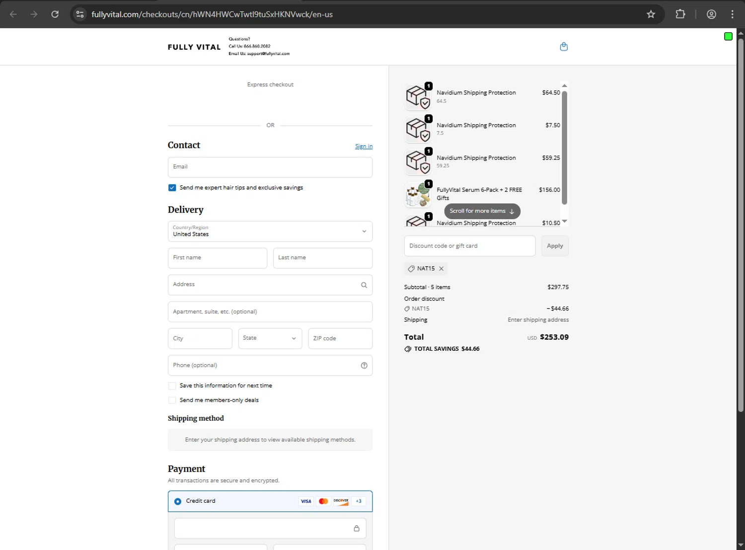FullyVital promo code screenshot showing code NAT15 applied at FullyVital checkout page. Uploaded by SimplyCodes community member ShrewdDefender8496 on Oct 19, 2025