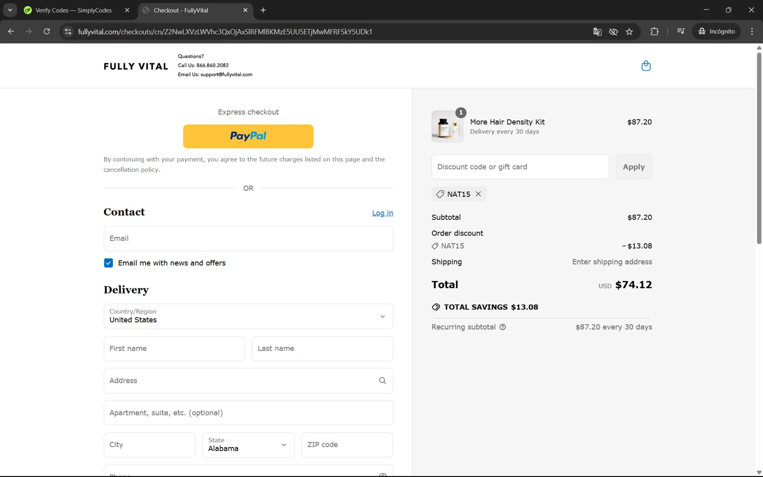 FullyVital promo code screenshot showing code NAT15 applied at FullyVital checkout page. Uploaded by SimplyCodes community member juan1702 on May 4, 2025