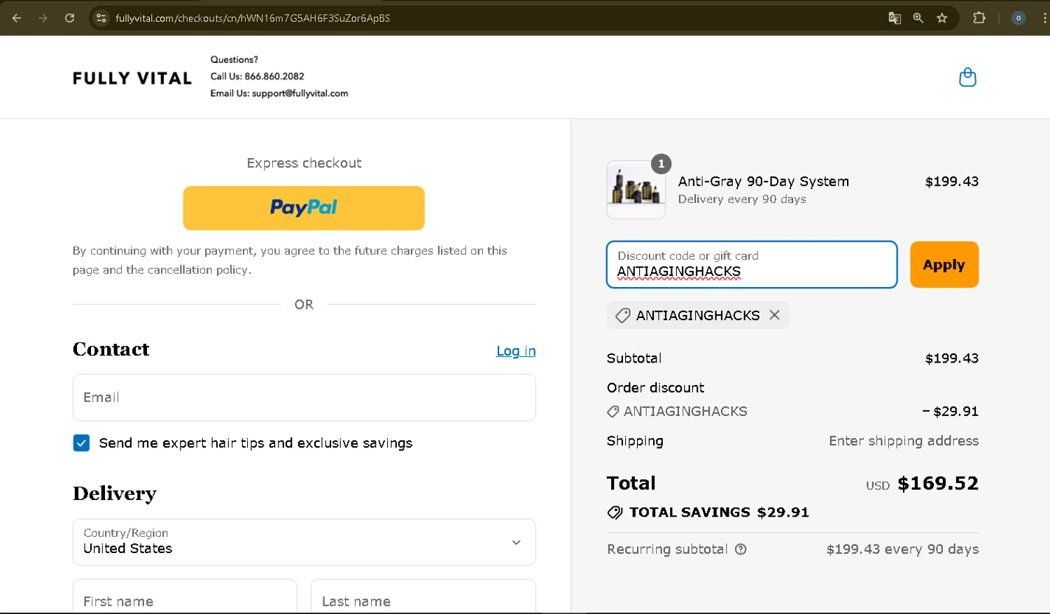 FullyVital promo code screenshot showing code ANTIAGINGHACKS applied at FullyVital checkout page. Uploaded by SimplyCodes community member Danmiel007 on Jul 27, 2025